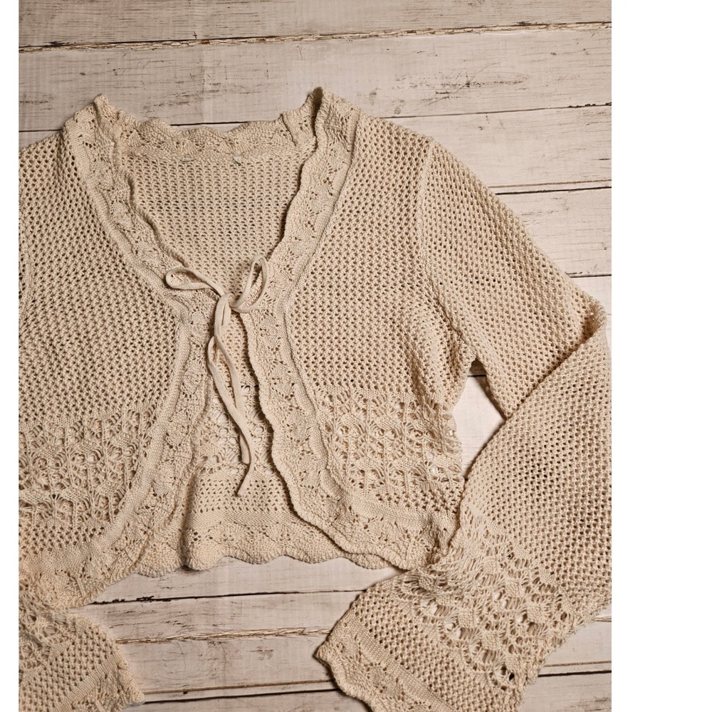 Crochet Knit Tie Front Shrug Cardigan Scalloped Edge Bell Sleeve Boho Cream S